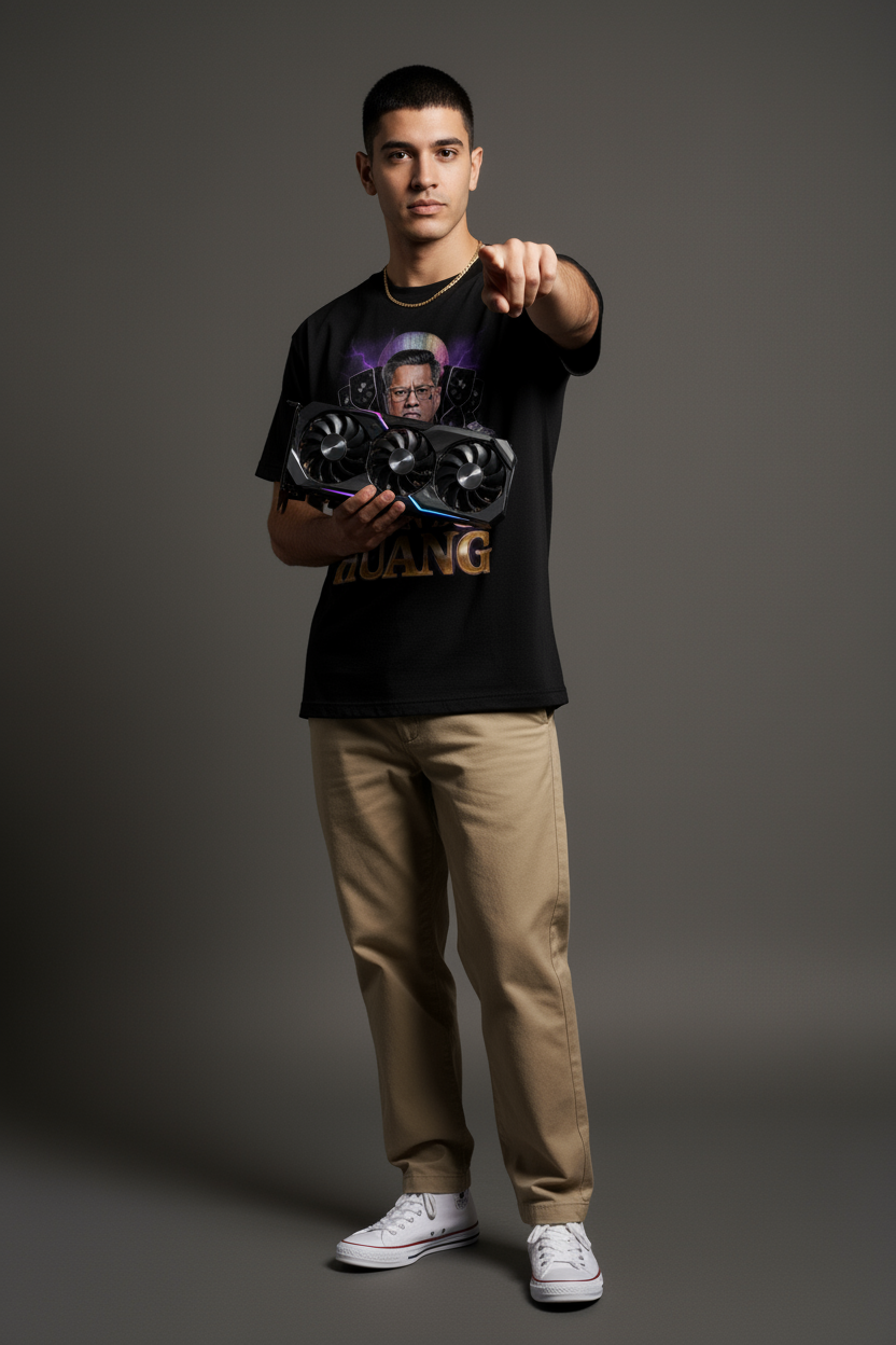 Full-body view of model wearing black Silicon Don Huang t-shirt pointing at camera and holding RTX graphics card; Jensen Huang graphic and RTX medallion visible; tech meme tee