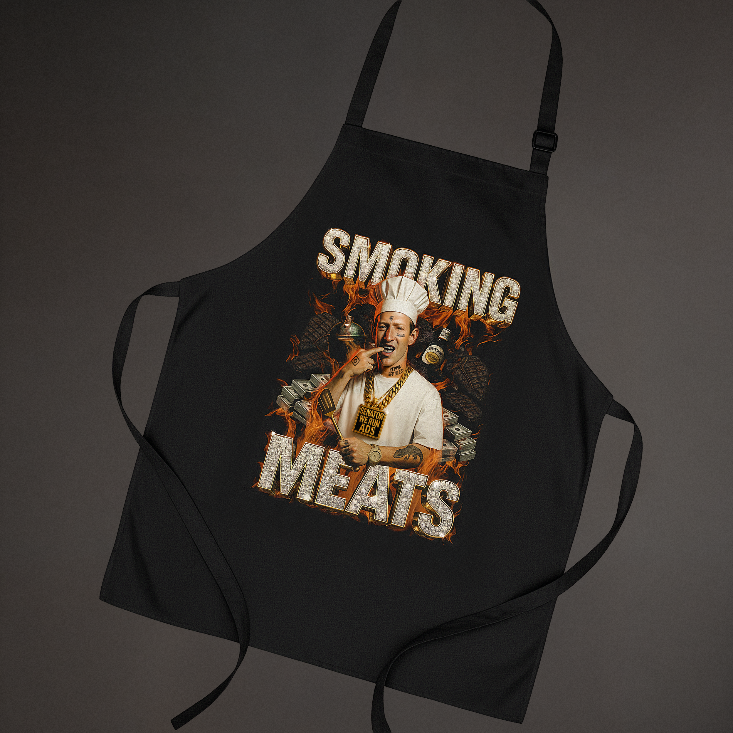 Black apron featuring Smoking Meats chef graphic and text on dark background; novelty BBQ apron gift