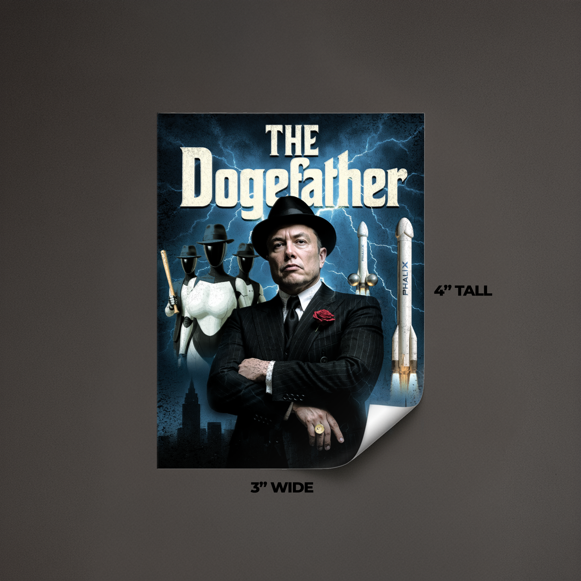 Sticker parody featuring Elon Musk dressed as 'The Dogefather' in suit and hat with Shiba Inu dogs, rocket and city skyline; humorous crypto meme sticker