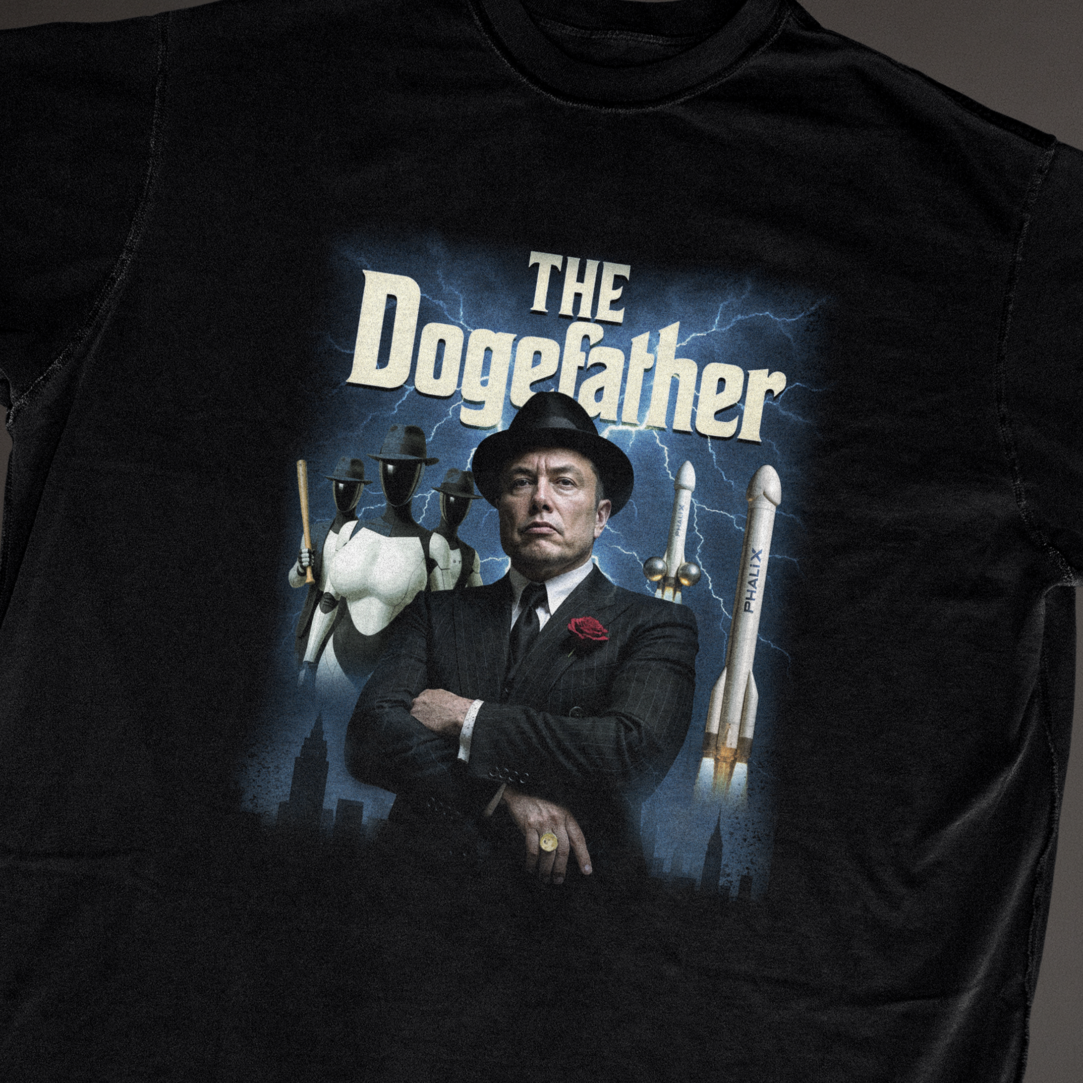 Flat lay of black Dogefather t-shirt featuring Elon Musk 'Dogefather' graphic with Tesla robots and rockets; funny crypto meme tee