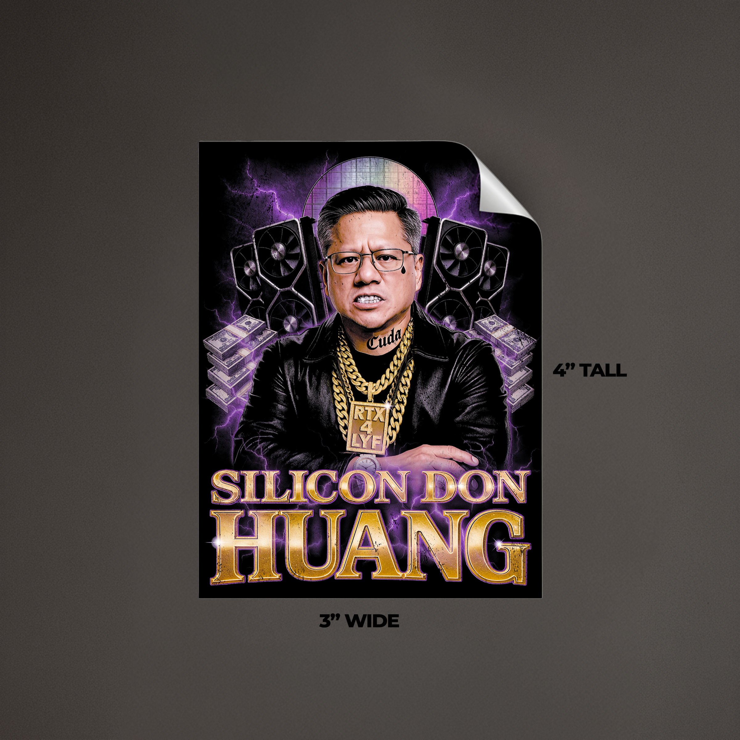 Sticker featuring portrait of Jensen Huang as 'Silicon Don Huang' with purple gangster theme, gold chains and rings; humorous AI tech CEO meme sticker
