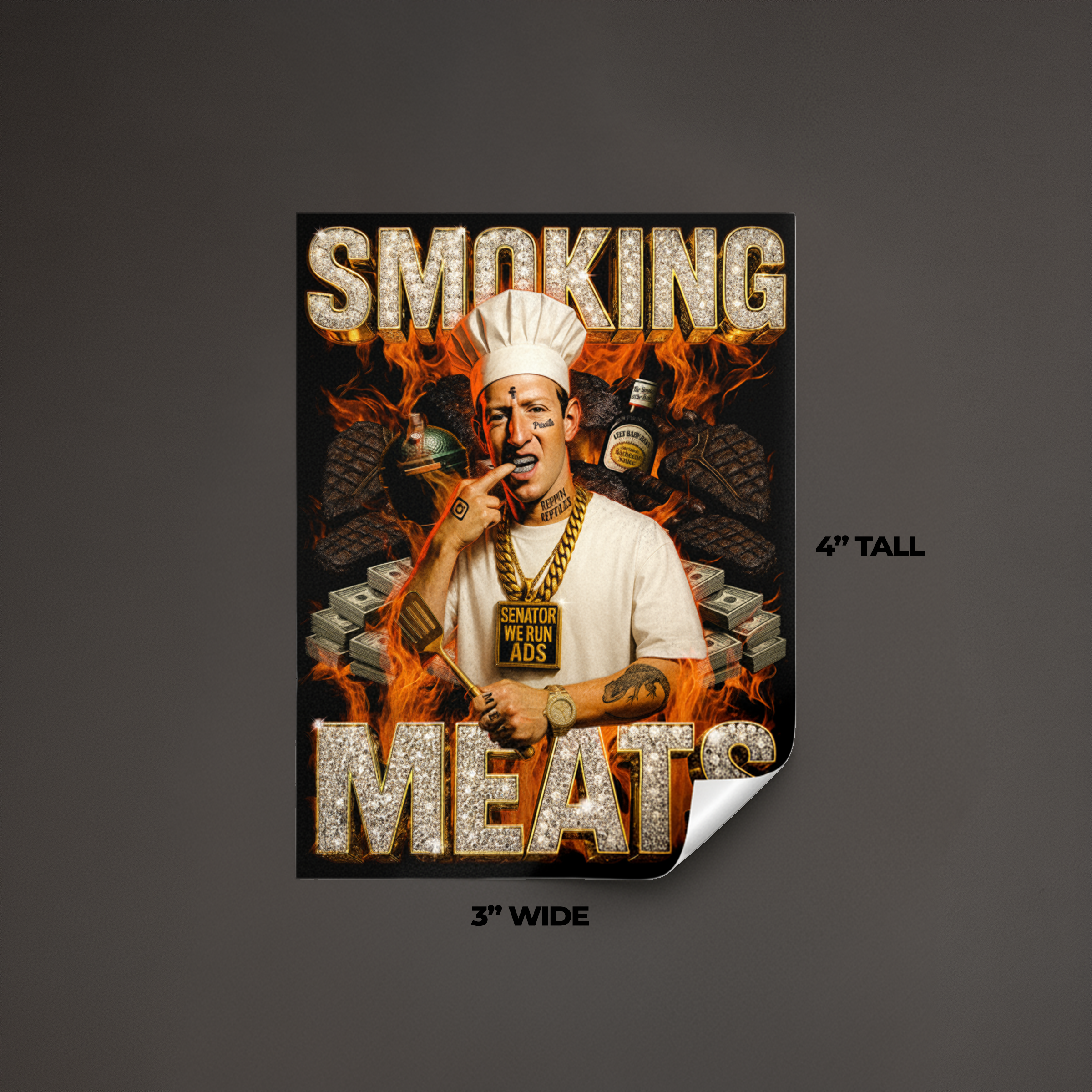 Sticker featuring Mark Zuckerberg wearing a chef hat and gold chains with caption 'SMOKING MEATS', flames, dark background; funny BBQ meme tech CEO sticker