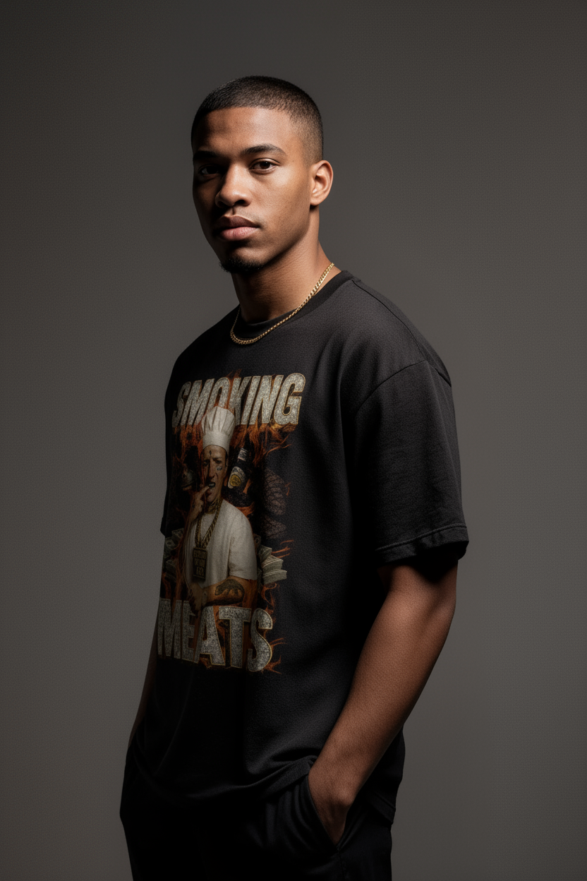 Model wearing black Smoking Meats t-shirt with chef graphic, standing with hands in pockets against dark background; trendy meme tee