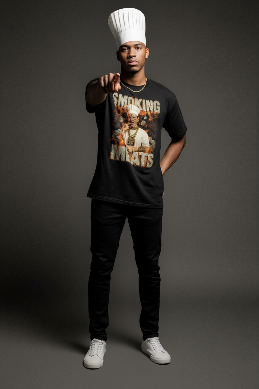 Model in chef hat wearing black Smoking Meats T-shirt pointing at camera; full-body portrait with dark background; humorous BBQ meme tee