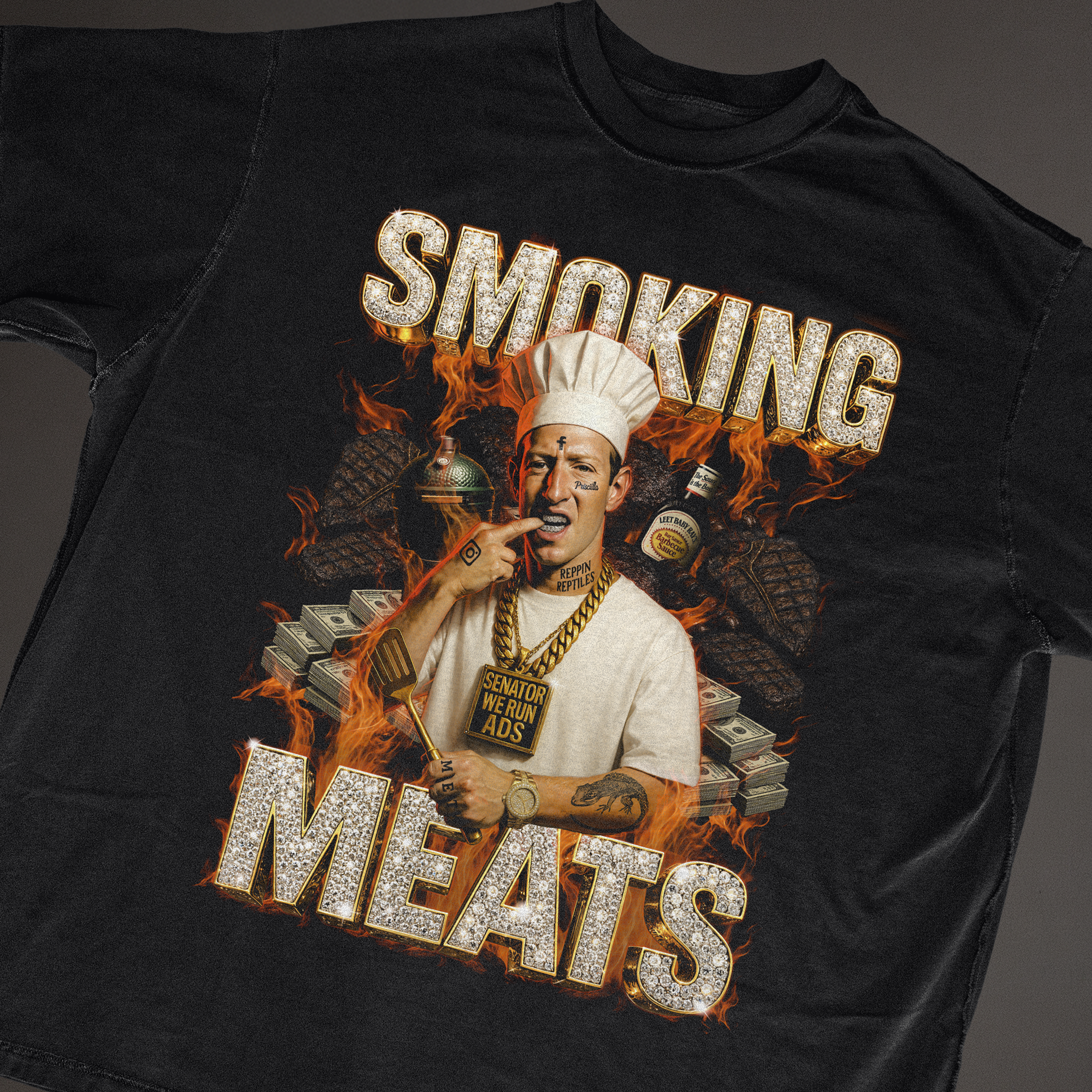 Smoking Meats t-shirt flat-lay featuring chef Mark Zuckerberg graphic with flames, bottles and 'Smoking Meats' text; novelty BBQ meme tee