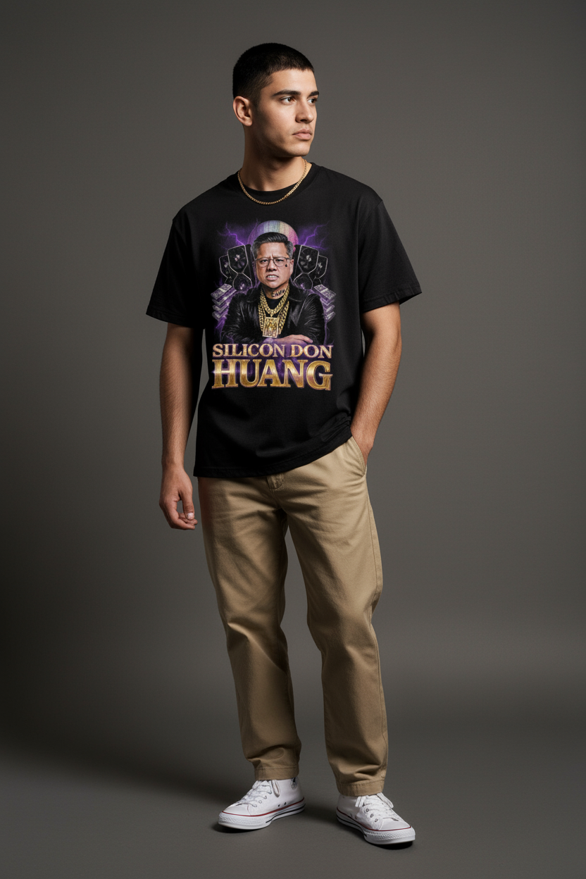 Full-body front shot of model wearing black Silicon Don Huang t-shirt with Jensen Huang graphic, paired with khaki pants and white sneakers; trendy tech meme tee style