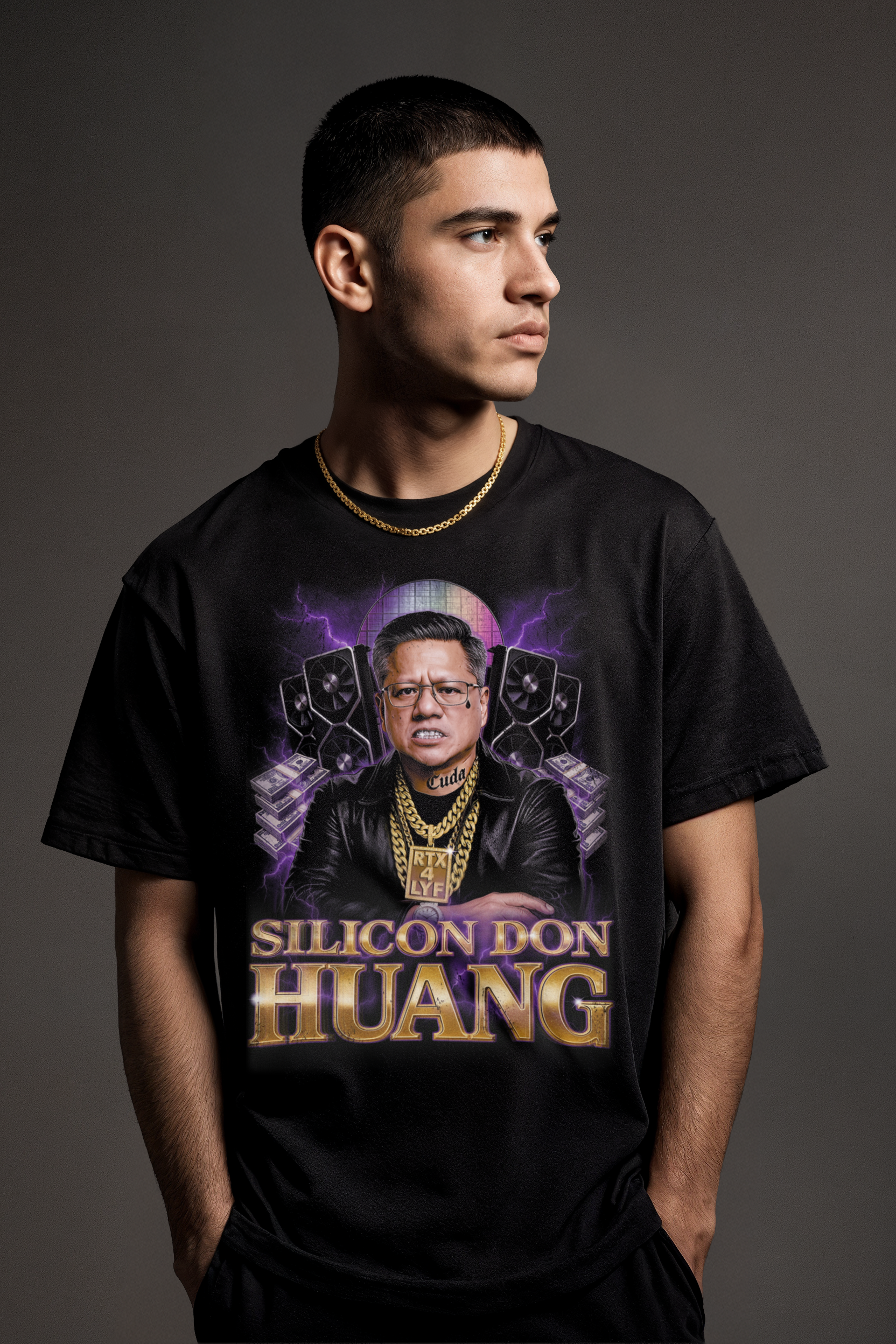 Model wearing black Silicon Don Huang T-shirt featuring Jensen Huang graphic with purple GPUs and gold chains; tech CEO meme tee for gamers and AI enthusiasts