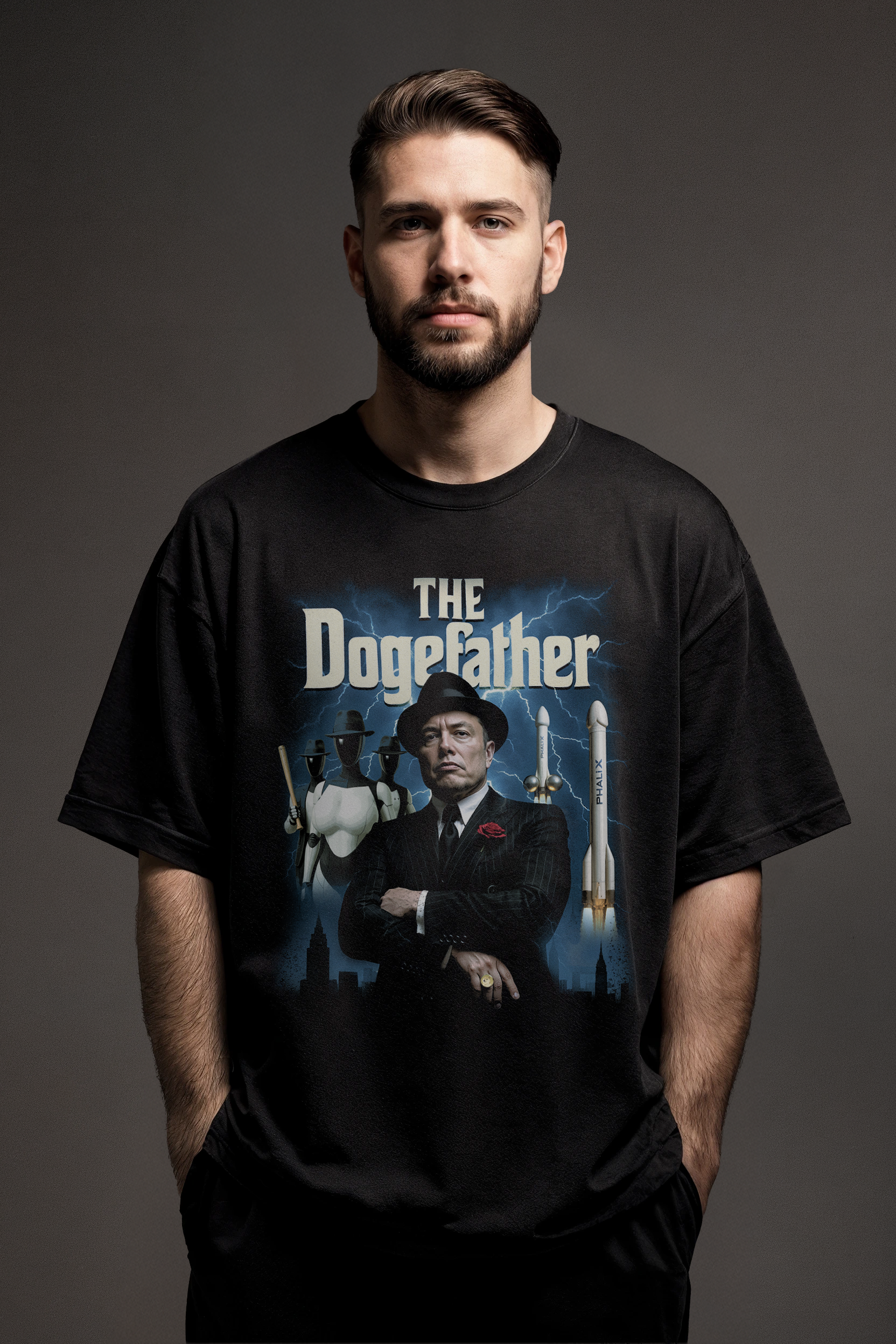 Model wearing black 'Dogefather' t-shirt featuring Elon Musk parody graphic with rockets and Tesla bots; humorous crypto meme tee for Dogecoin and tech fans