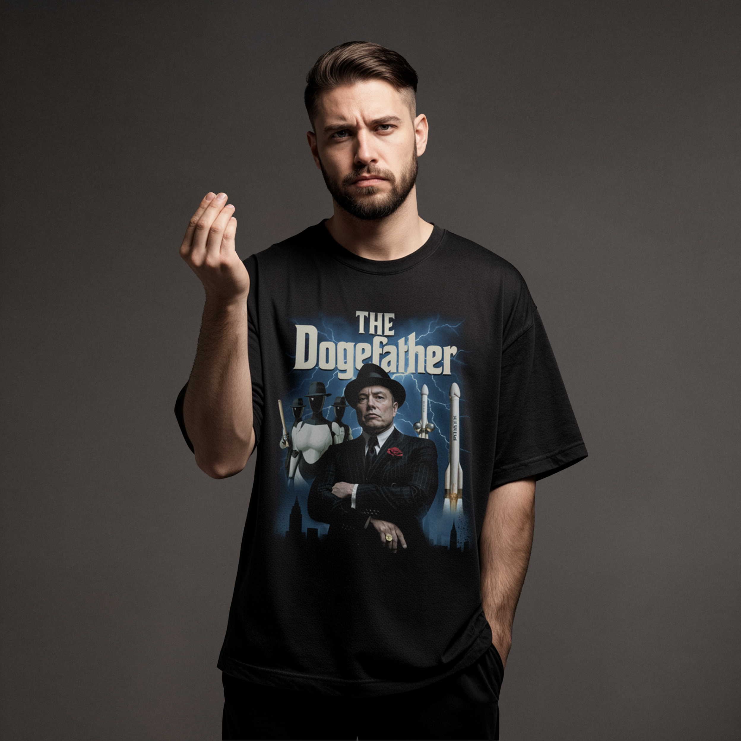 Front view of male model wearing black Dogefather t-shirt featuring Elon Musk graphic, making Italian pinch gesture; chest graphic with Tesla robots and rockets visible; meme tee