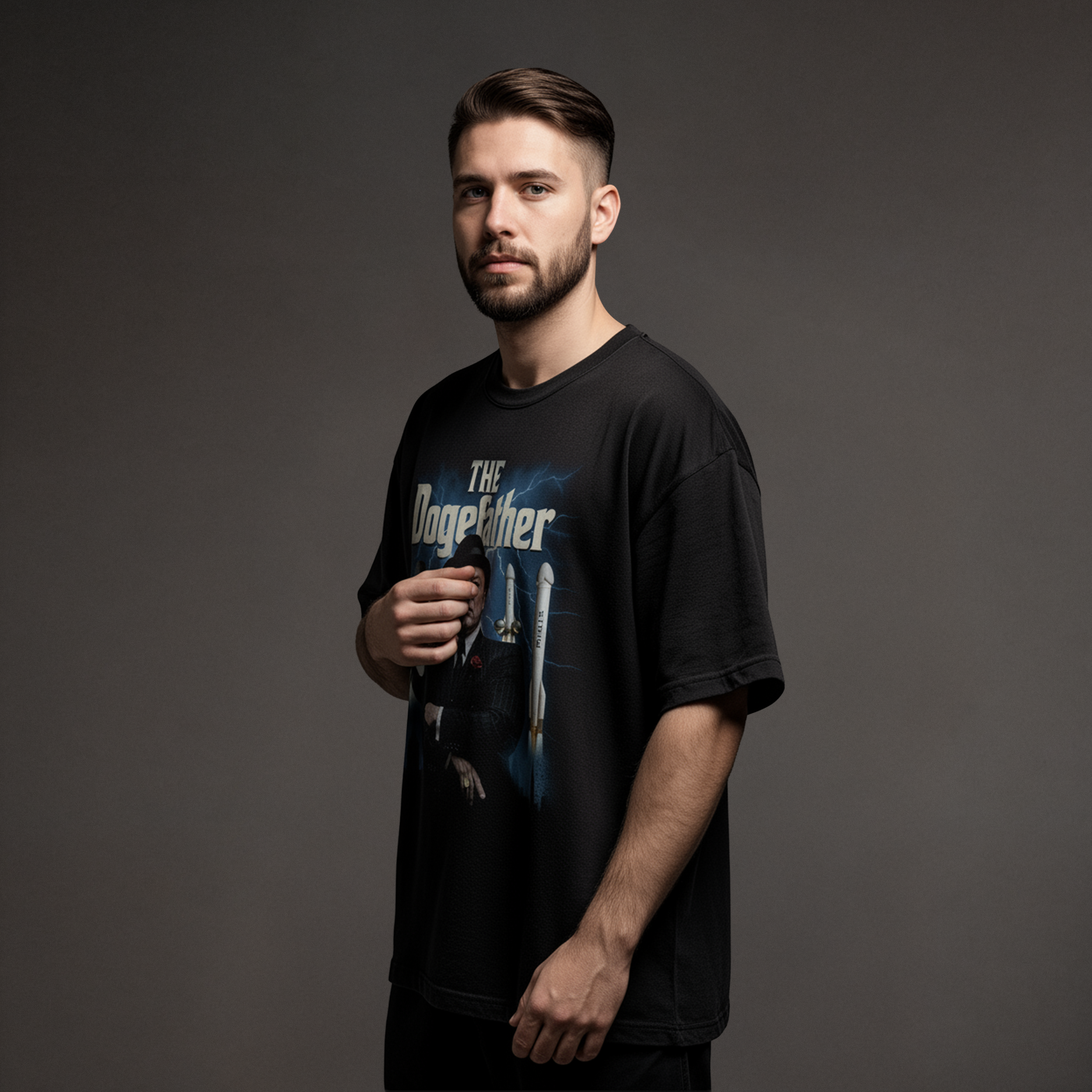 Side-profile view of model wearing black Dogefather t-shirt featuring Elon Musk graphic with rockets and Tesla bots; meme tee side view