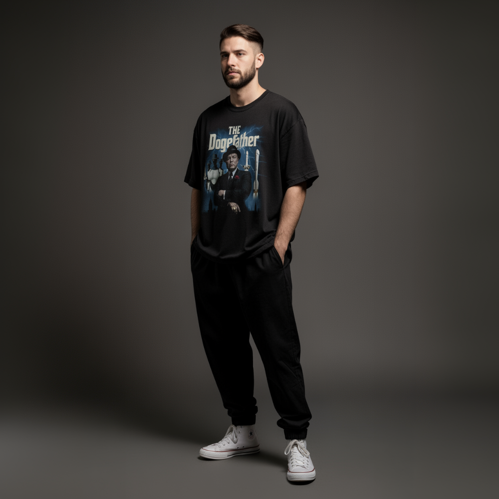 Full-body front shot of model wearing black Dogefather t-shirt paired with black pants, hands in pockets; Elon Musk graphic with rockets; meme tee style
