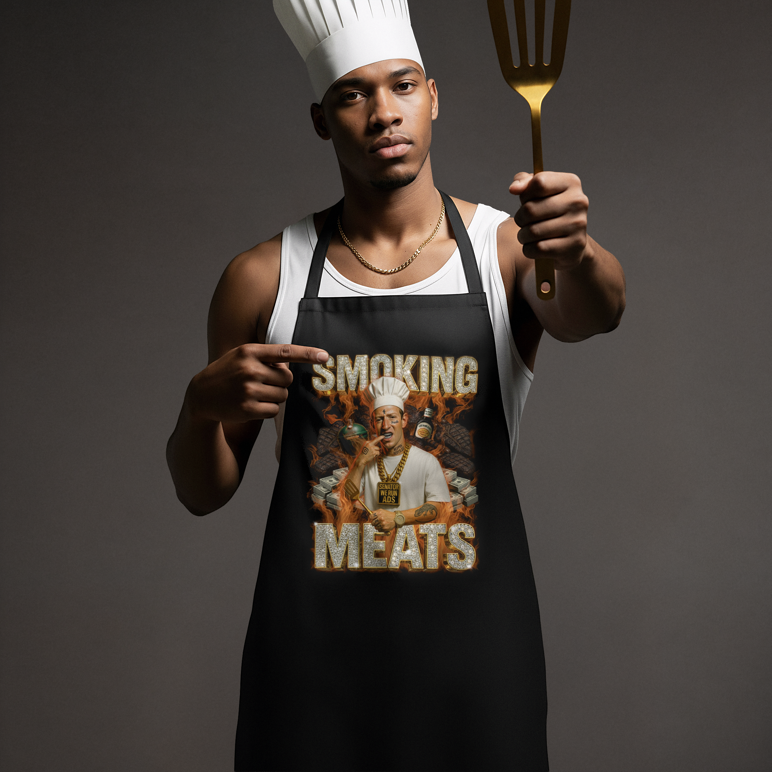 Man wearing black 'Smoking Meats' apron holding spatula; funny BBQ cooking apron, novelty gift for grill enthusiasts