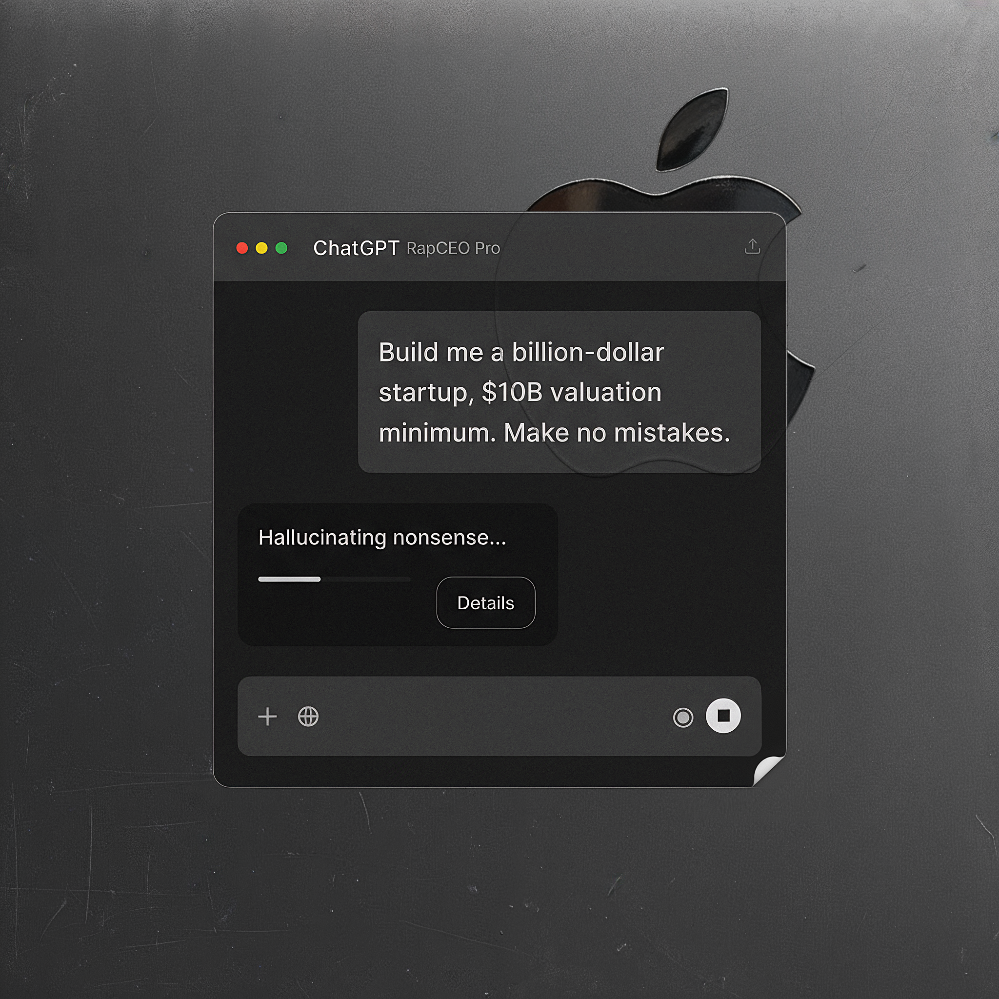 Sticker depicting ChatGPT-style interface with prompt asking 'Build me a billion-dollar startup, $10B valuation minimum' on dark computer screen; funny tech entrepreneur startup sticker