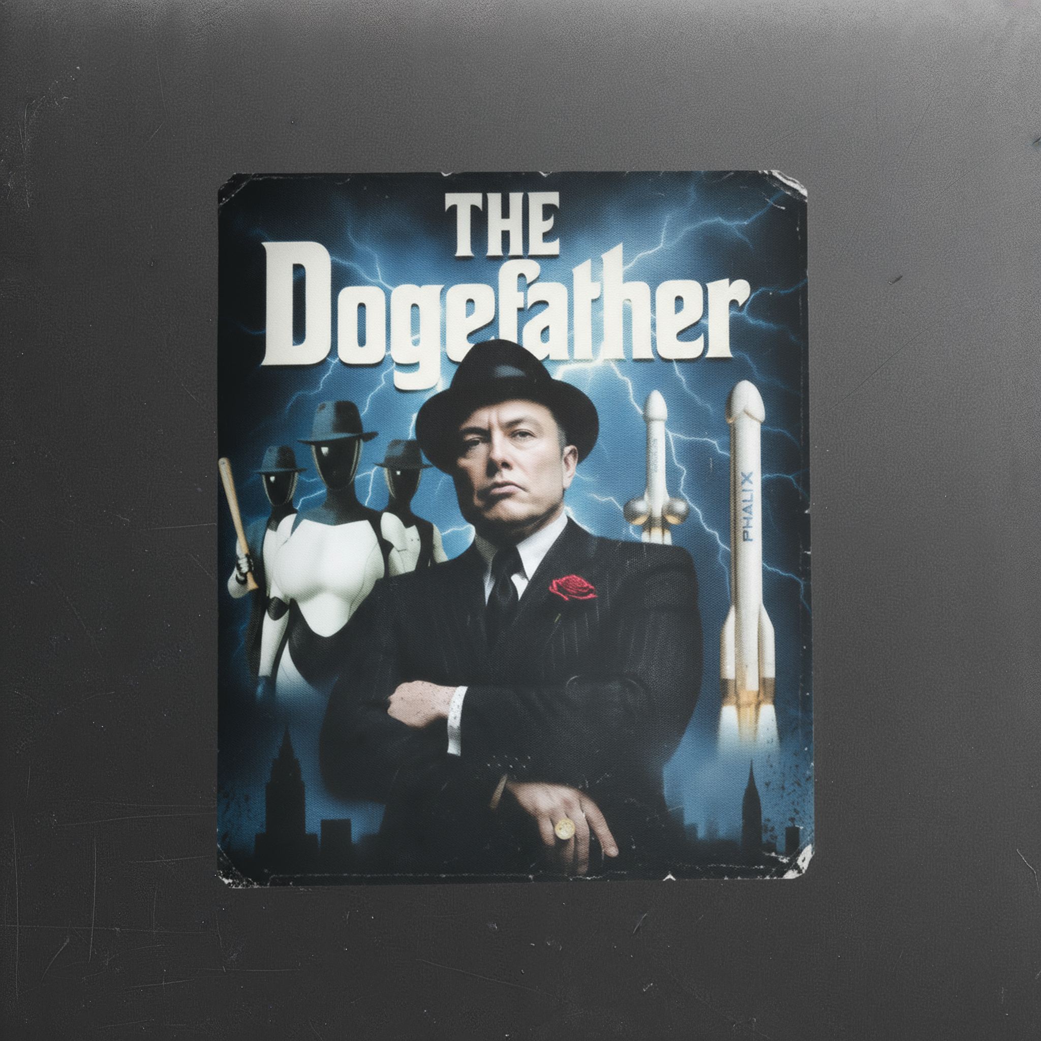 Sticker parody featuring Elon Musk dressed as 'The Dogefather' in suit and hat with rocket and cityscape background; humorous crypto meme sticker