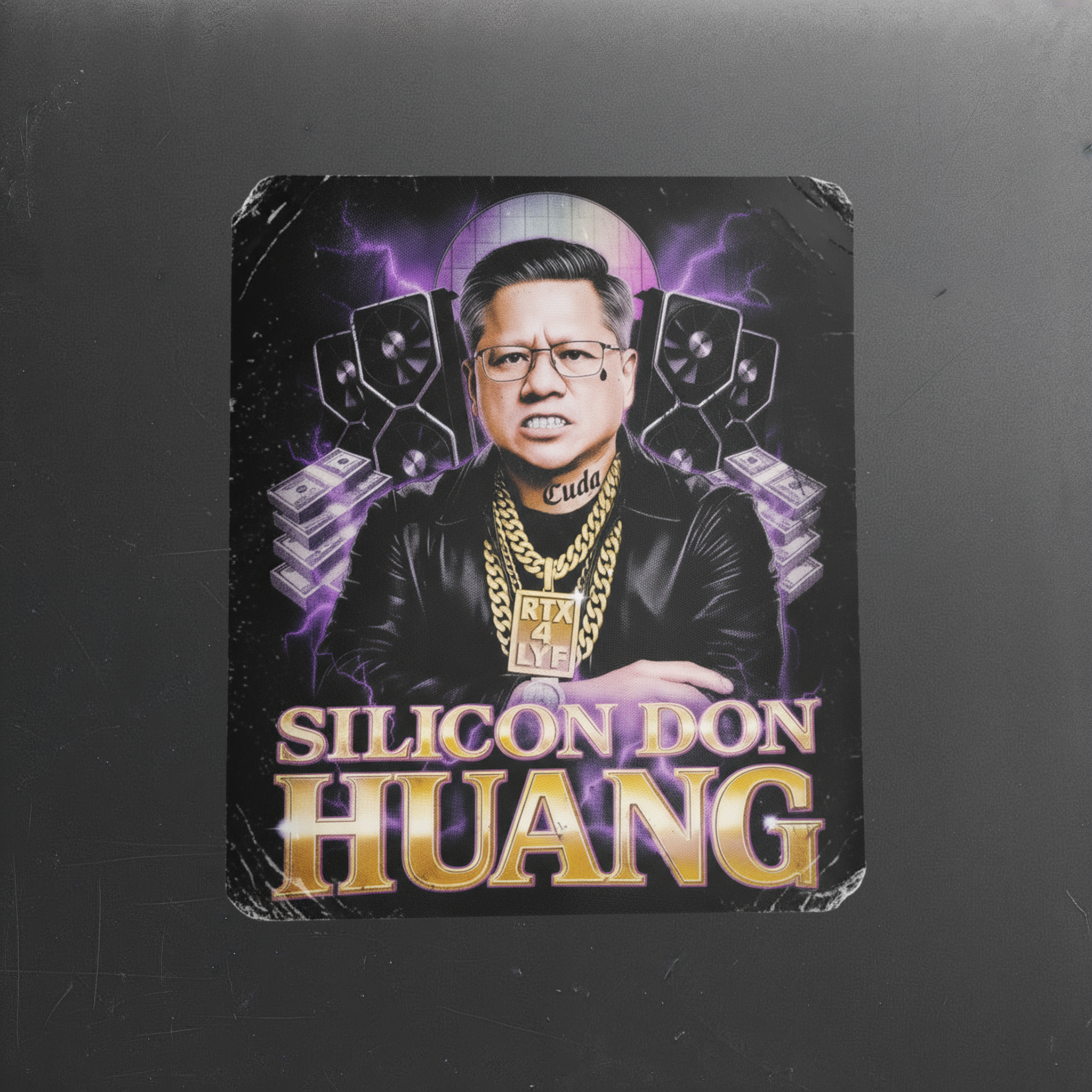 Sticker featuring Jensen Huang as Silicon Don, wearing glasses and gold chains, surrounded by GPUs and electronic equipment on dark purple background; tech CEO meme sticker