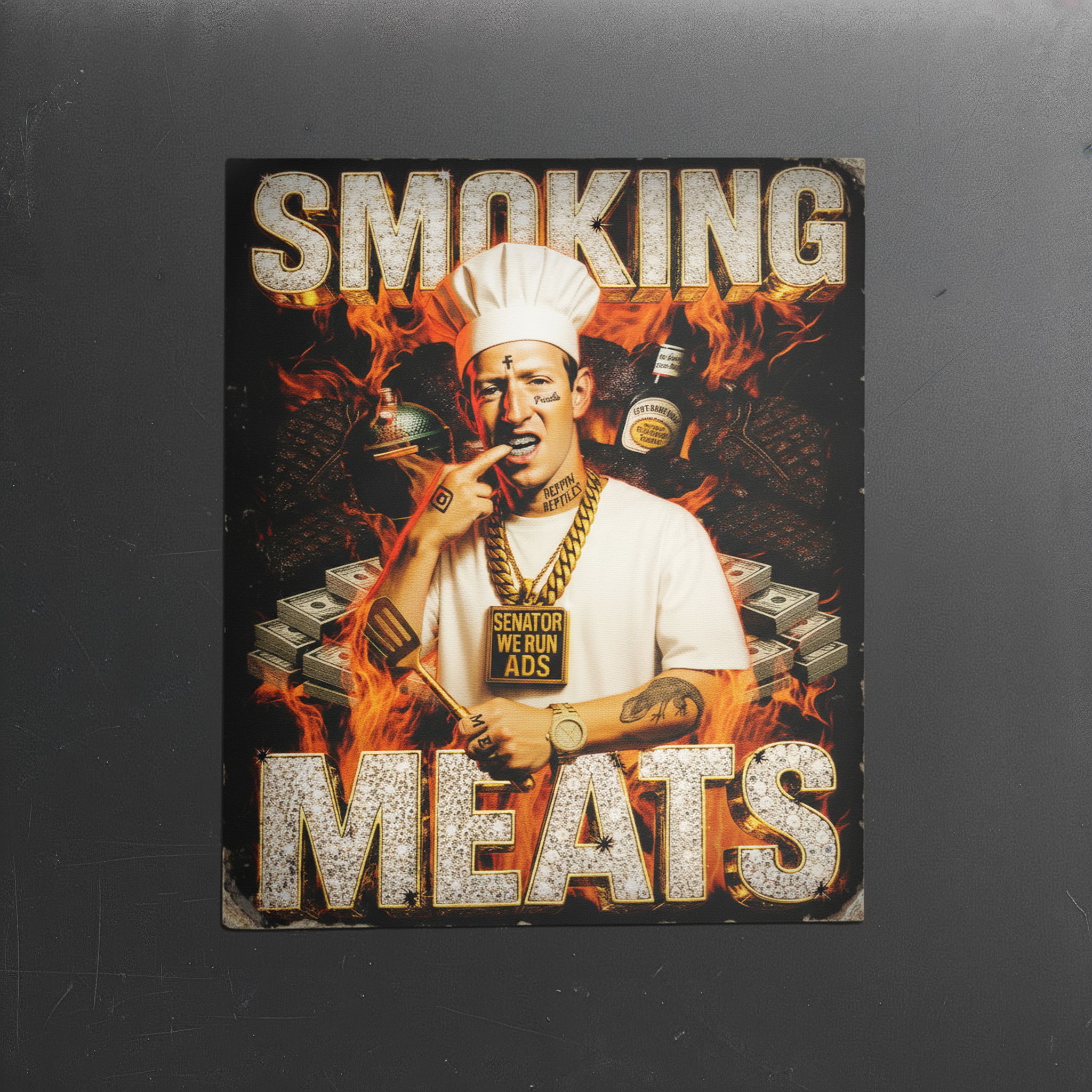 Sticker featuring Mark Zuckerberg dressed as chef with 'Smoking Meats' text surrounded by flames, bottles, and smoke; funny BBQ meme sticker for grill lovers